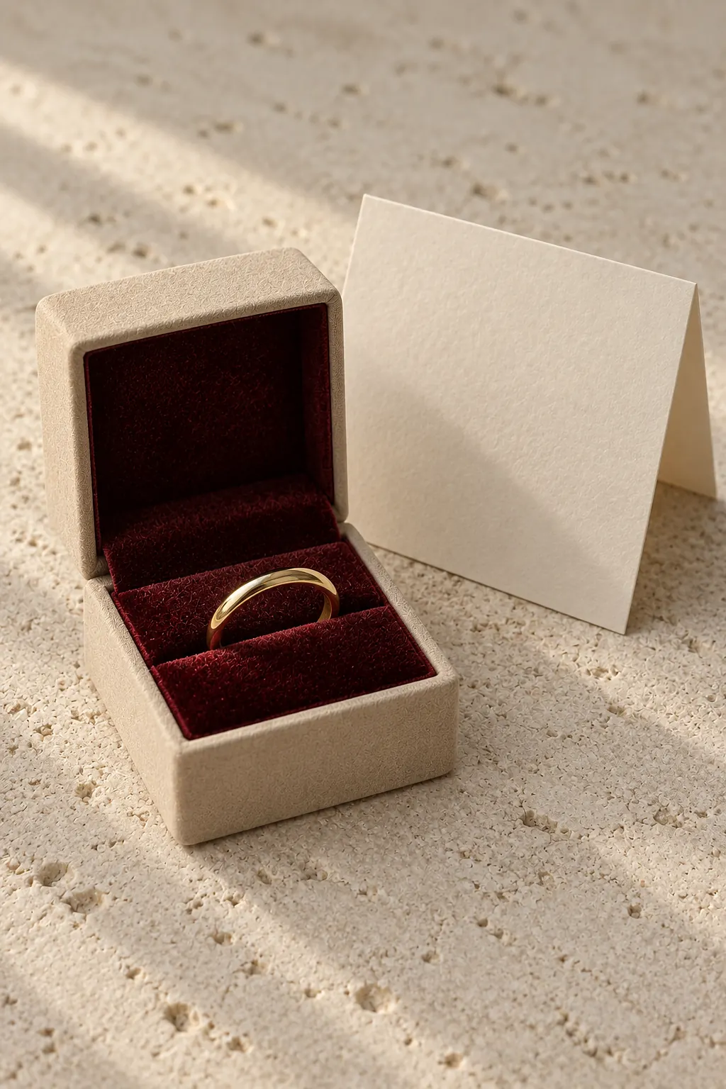 An open box lined with garnet velvet holding the gold band, beside a blank folded card.