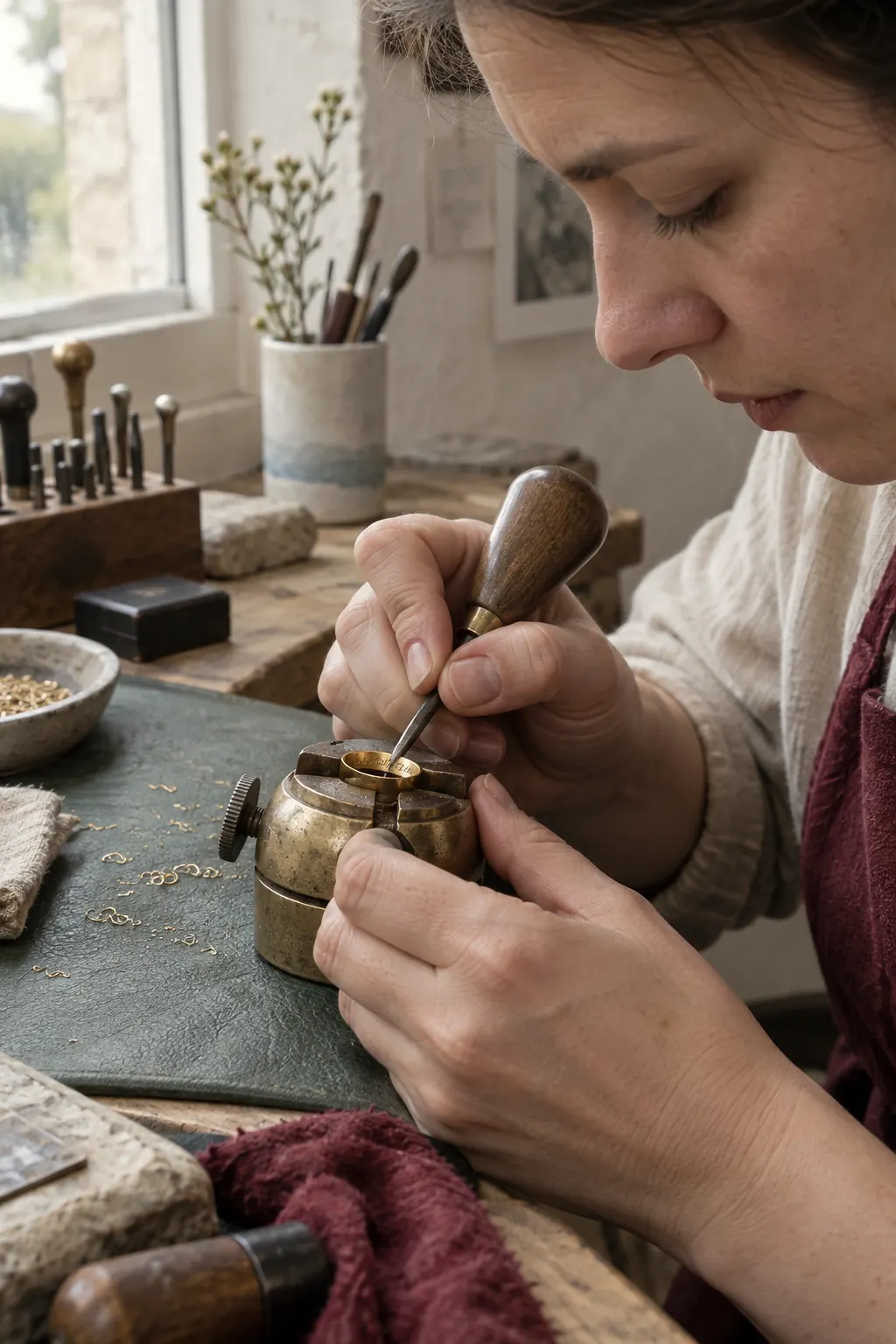 An engraver cutting letters inside a gold band held in a small vise, with fine gold curls on the bench.