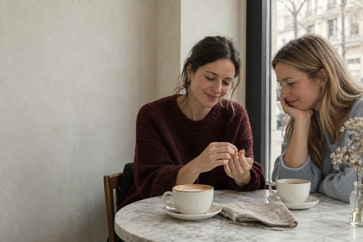 Two friends at a café table by a window; one tips her gold band so the other can read the words inside.