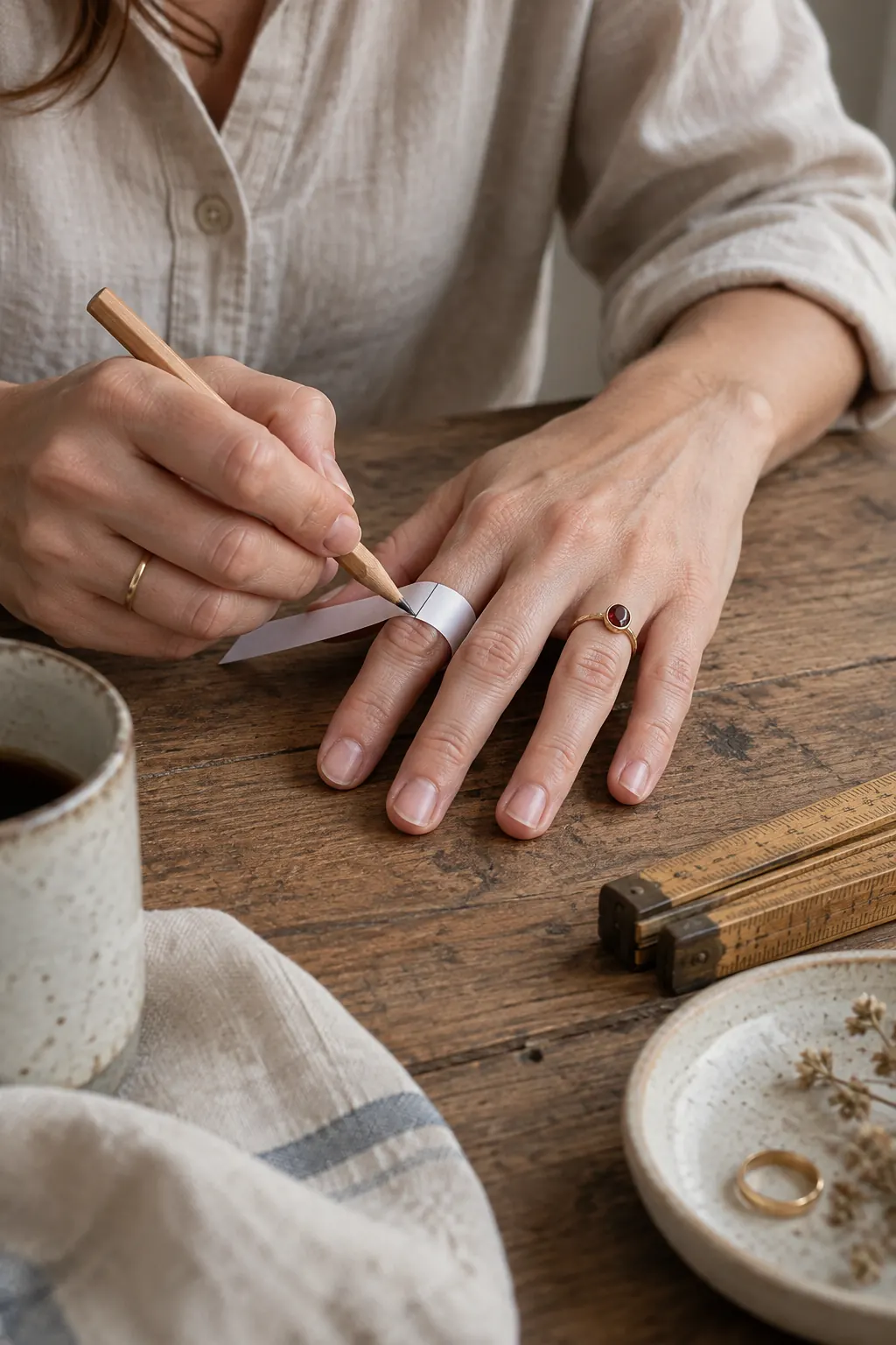 Hands wrapping a thin strip of paper around a ring finger and marking it with a pencil.