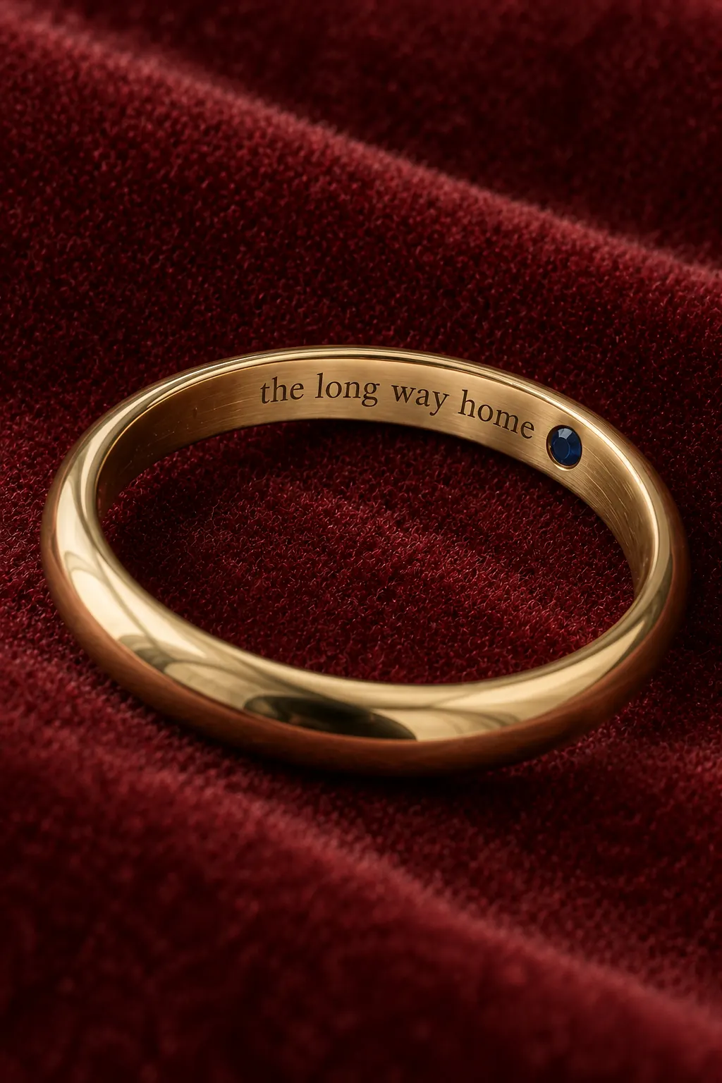 The inside of the same band on garnet velvet: small engraved words and a tiny blue stone set into the metal.
