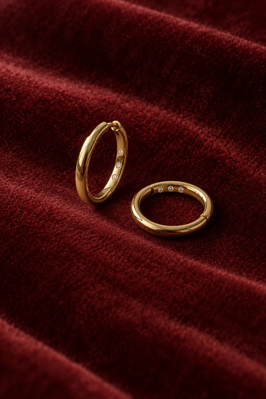 The same hoops on garnet velvet, turned to show small stones set along their inner faces.