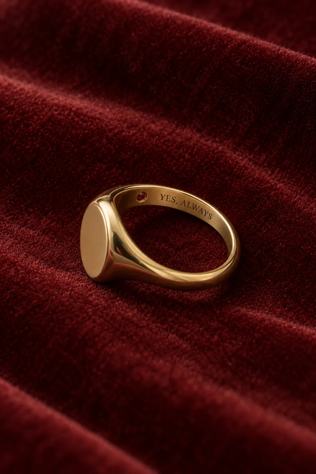 Inside the Nell signet on garnet velvet: engraved words and a tiny ruby.