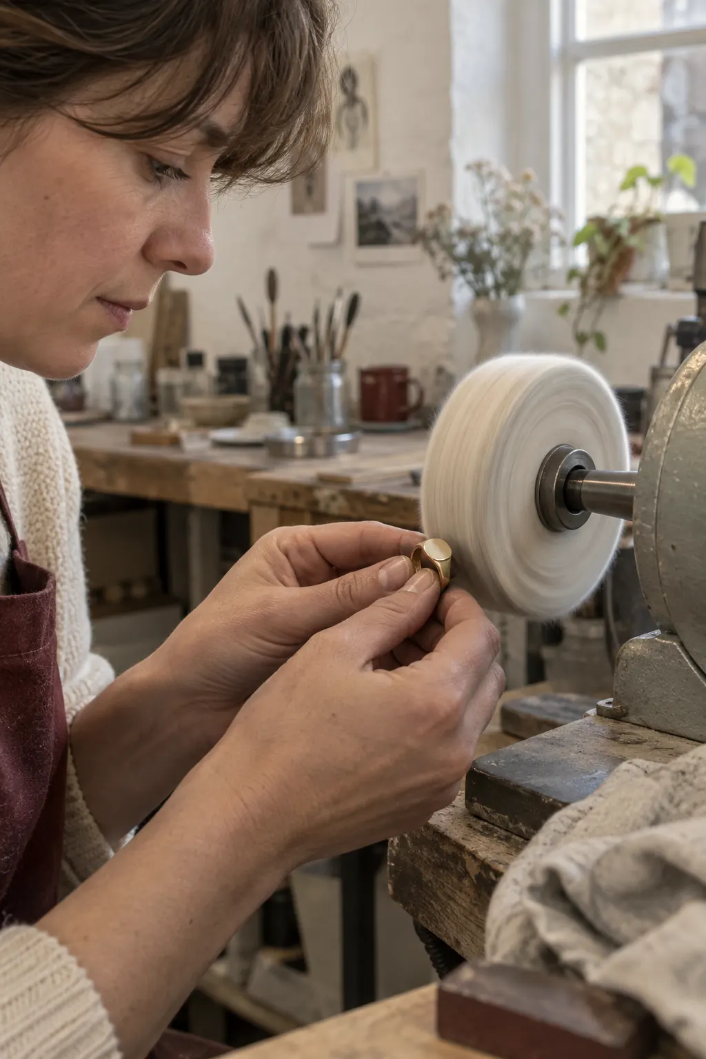 A gold signet ring held against a white polishing wheel.