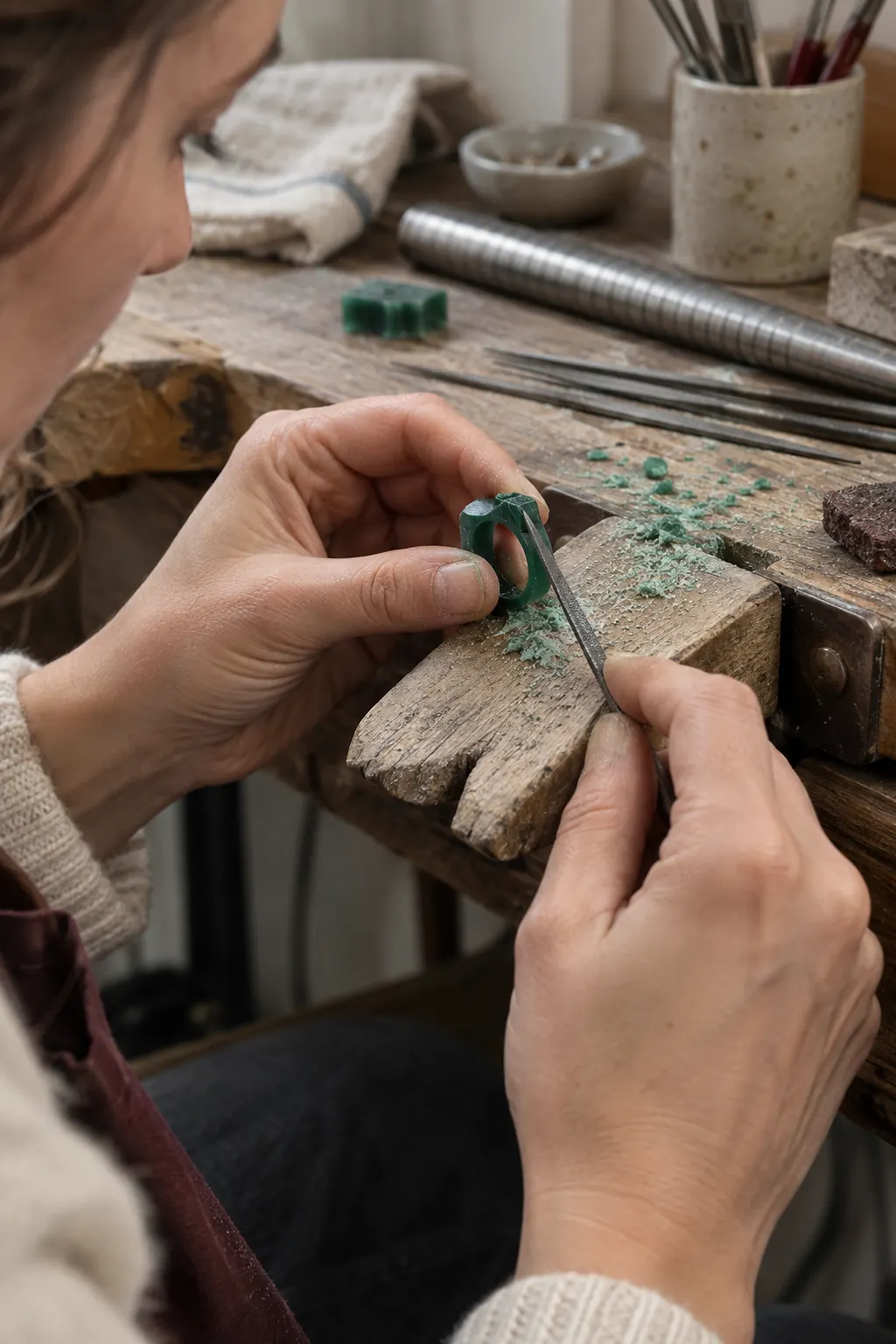A jeweller's hands filing a ring model from green carving wax.