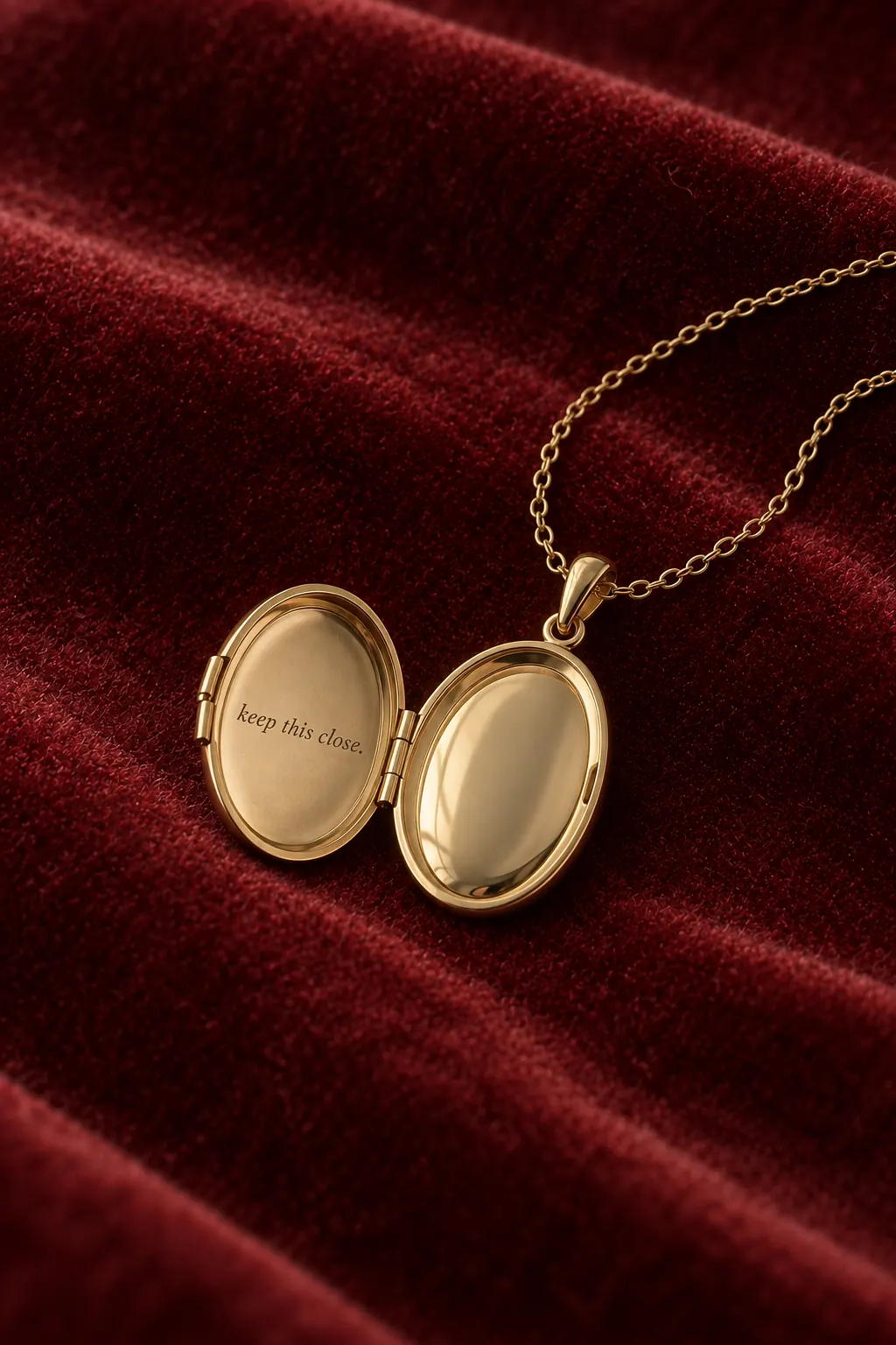 The locket open on garnet velvet, with words engraved inside the lid.