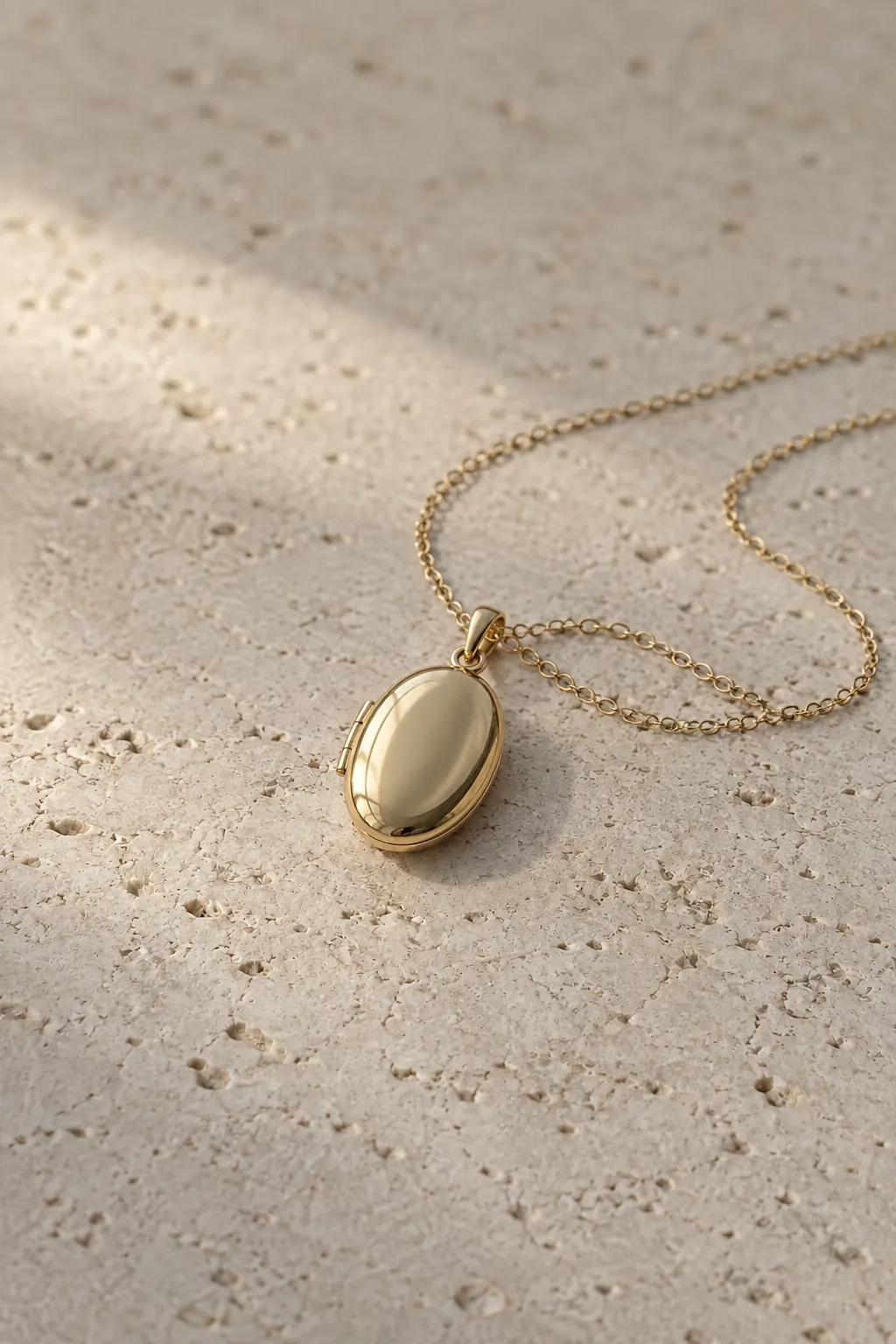 A closed oval gold locket on a fine chain.